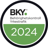 BKY Behörighetskontroll Yrkestrafik 2024 märke med grön och vit design.