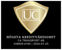 Guldsköldlogotyp med UC och svensk text för högsta kreditvärdighet, C4 Transport AB.